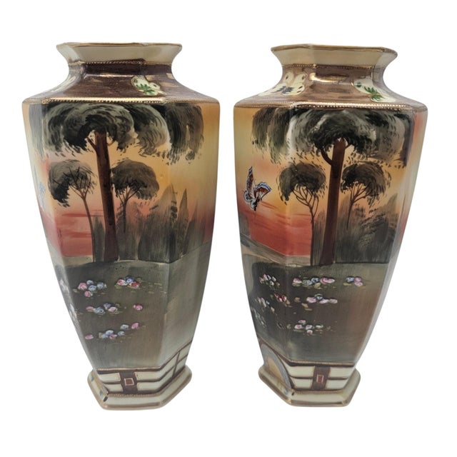 Pair Antique Nippon Imperial Mark Hand Painted Landscape Vases Moriage Gilt Porcelain 9.5” For Sale - Image 13 of 18