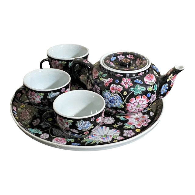 1960's Chinoiserie Famille Noire Tea Set of 5 Pieces W/Tray For Sale
