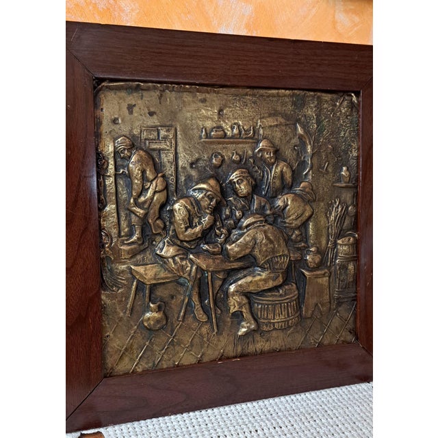Brass relief plaque depicting a genre scene in an old tavern. Detailed figures of card players. Handcrafted by a master...
