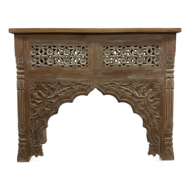 1920s Hand-Carved Lattice Console Table – Ornate Solid Wood Hallway Accent For Sale