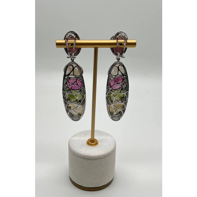 Early 21st Century Unique Multi Color Sapphire Emerald Diamonds 18k White Gold Statement Earrings, A Pair For Sale - Image 5 of 11