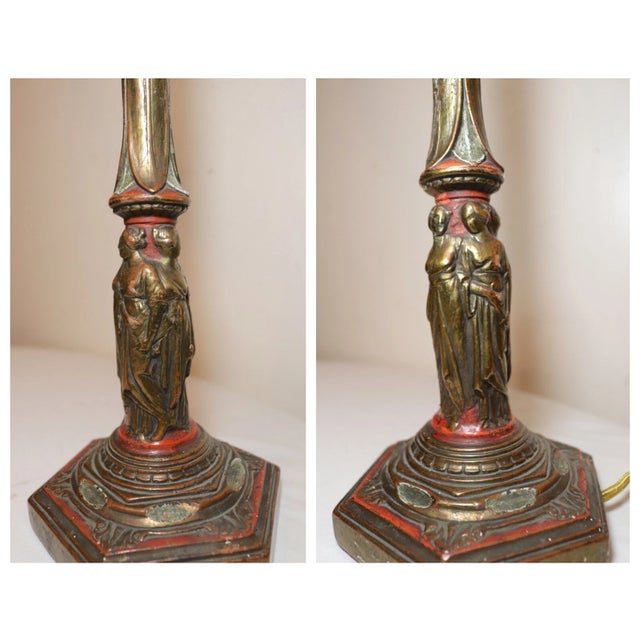 Metal Antique Bronze Clad Glass Figural 4 Graces Putti Polychromed Electric Table Lamp For Sale - Image 7 of 12