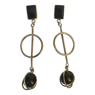 1970s Art Deco Style Onyx and Sterling Dangle Post Earrings - 2 Pieces For Sale
