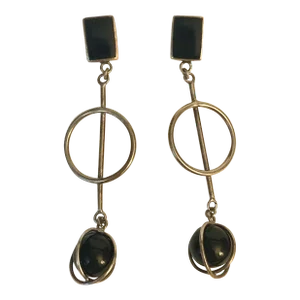 1970s Art Deco Style Onyx and Sterling Dangle Post Earrings - 2 Pieces