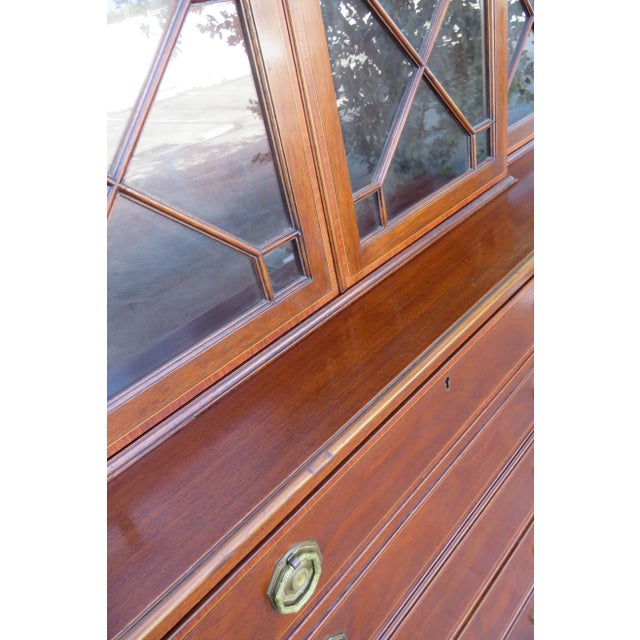 Mahogany Inlay 2 Part Breakfront China Display Cabinet With Desk For Sale - Image 11 of 12