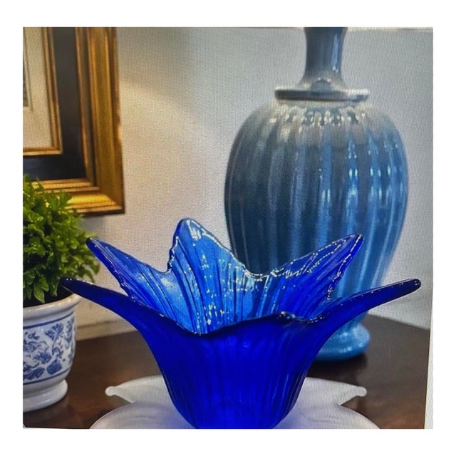 Vintage Cobalt Blue Sculptural Art Glass Flower Bowl For Sale