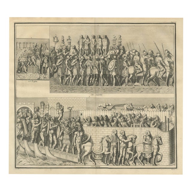 Montfaucon, Roman Army at a Tribunal and a Bridge of Boats, 1722, Engraving For Sale
