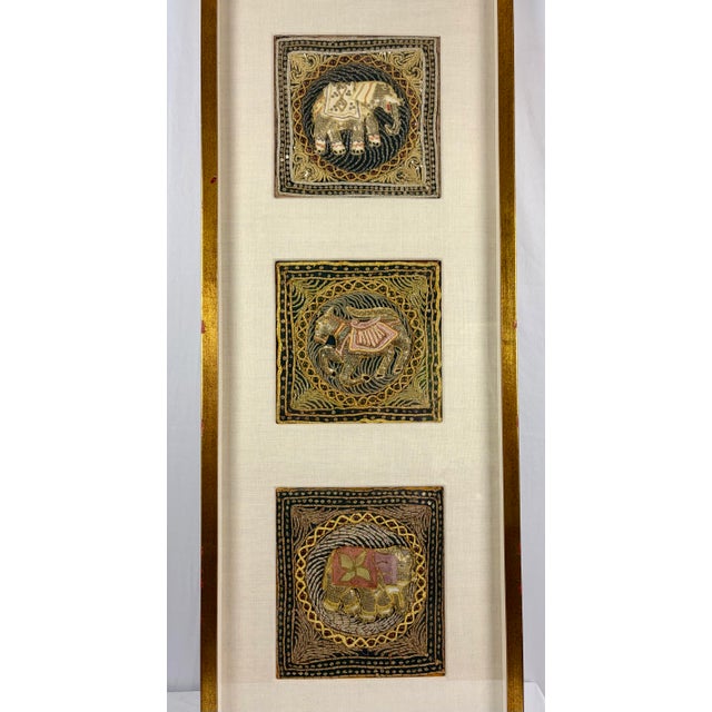 Traditional Late 20th Century Framed Burmese Kalaga Tapestry With Beaded Embroidery | Elephant Panel Wall Art For Sale - Image 3 of 11