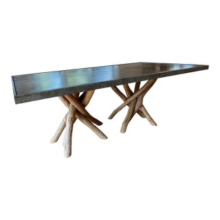 Late 20th Century Rustic Metal Dining Table With Hand Carved Log Pedestal Base For Sale