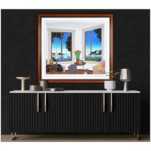 The artwork here, "North Shore", is a wonderful depiction of the interior of a lake house, which was created with acute...