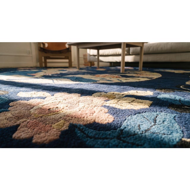 Textile Brilliant Navy Blue Color With Florid and Beautiful Scenery as Design Antique Chinese Peking Rug For Sale - Image 7 of 9