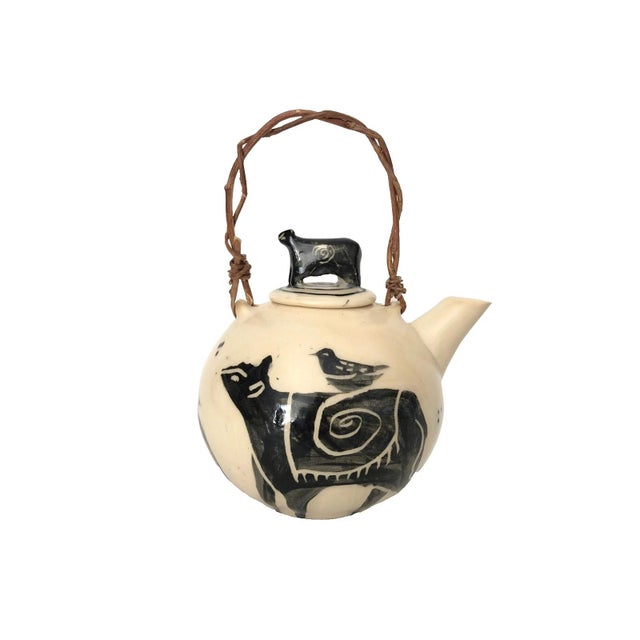 Artisan Teapot Hand Crafted Farm Livestock Black on White Cows & Birds Signed So For Sale - Image 4 of 9
