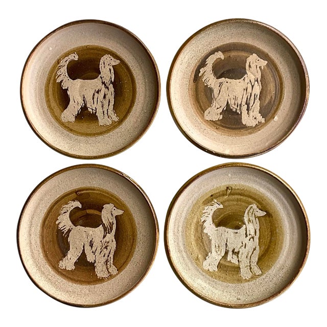 Vintage Boho Signed Studio Pottery Plates With Afghan Dogs - Set of 4 For Sale