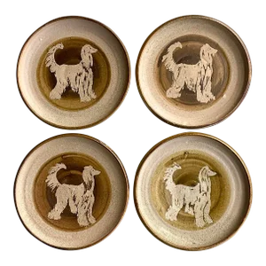 Vintage Boho Signed Studio Pottery Plates With Afghan Dogs - Set of 4