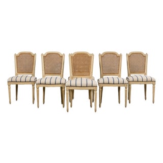 Antique French Louis XVI Painted Cane Back Dining Chairs in Blue Stripe - Set of 6 For Sale