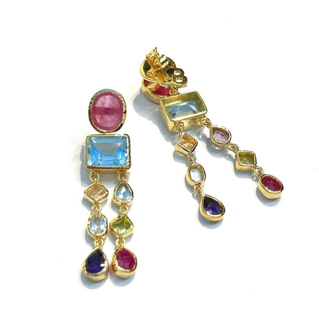 Gemstone Bochic “Orient” Vintage Ruby & Multi gem Cascading Earrings Set 18K Gold&Silver For Sale - Image 7 of 7