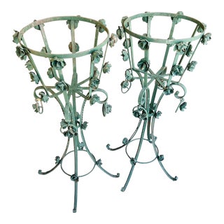 Antique Wrought Iron Planters Rose Appliques a Pair For Sale