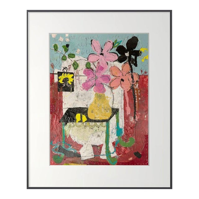 Christiane Corcelle "The Enigma of Ebony Blooms" Mixed Media on BFK Paper, Framed Abstract Floral Still Life in Red and Pink, 2024 For Sale