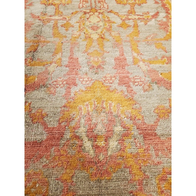 Cream Antique Oushak Carpet, Handmade Turkish Oriental Rug, Saffron, Coral, Light Blue For Sale - Image 8 of 17