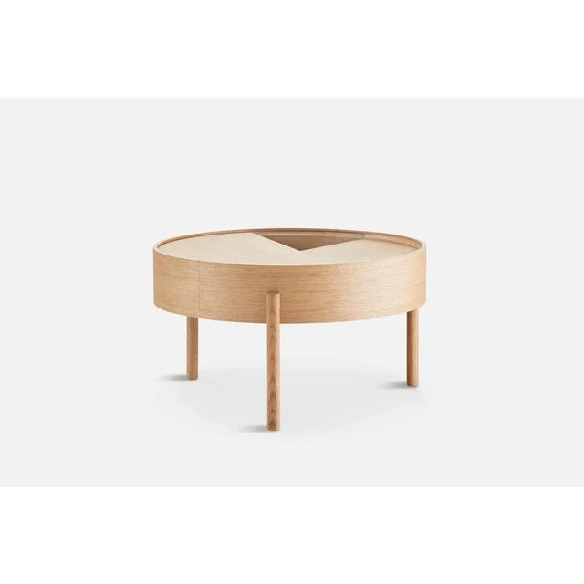 Oiled oak arc side table 66 by ditte vad and julie bertrup materials: oak, nano laminate dimensions: d 66 x w 66 x h 38 cm...