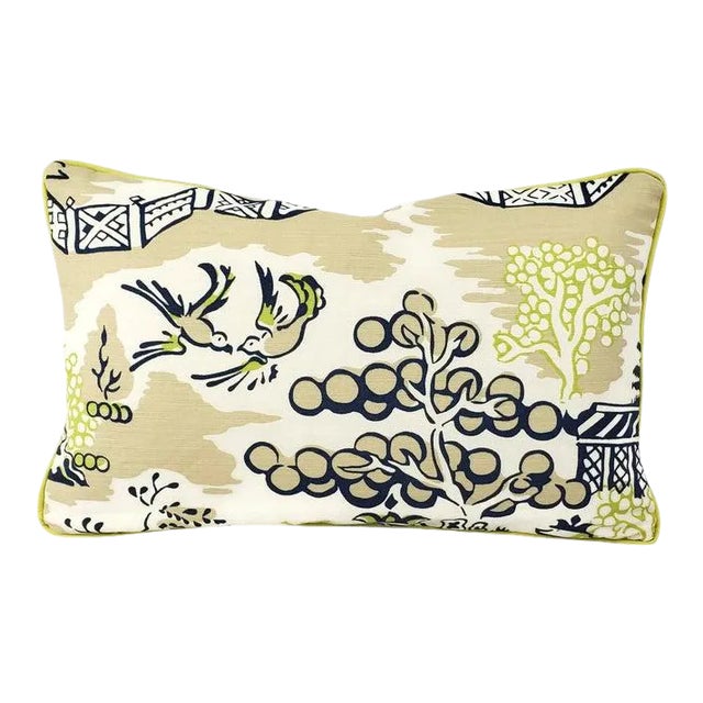 Thibaut Luzon in Navy on Beige With Lime Welt Lumbar Pillow Cover For Sale