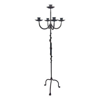 Hand Forged Iron Floor Candelabra 49″ (124cm) Antique Copper Patina 5-Arm Spiral Vine Stem Candle Holder Gothic Decor For Sale