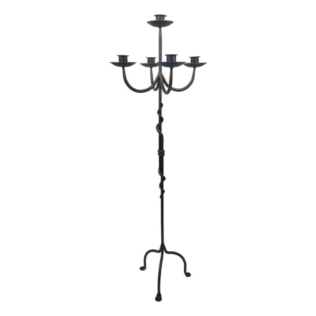 Hand Forged Iron Floor Candelabra 49″ (124cm) Antique Copper Patina 5-Arm Spiral Vine Stem Candle Holder Gothic Decor For Sale