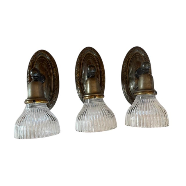 1920s Rare Set of Three Brass Wall Sconces With Ribbed Halophane Shades Circa 1920’s For Sale - Image 5 of 7