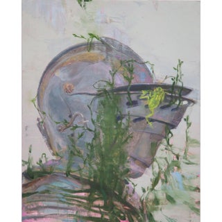 Lost in The Woods by Elena Burykina | Oil on panel Painting of a helmeted figure surrounded by plants. For Sale