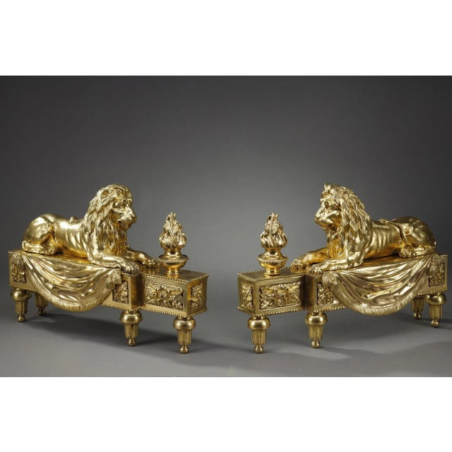 Andirons with Lions in Gilded & Chiseled Bronze, Set of 2 For Sale - Image 15 of 18