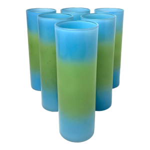 Mid Century Modern Federal Glass Co. Blue & Green Frosted Coolers Tumblers Glasses- Set of 6