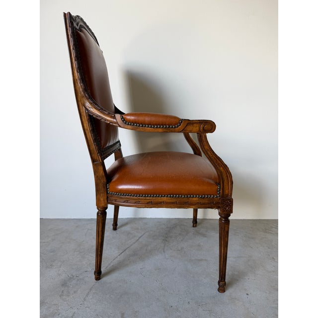 1970s Vintage French Louis XVI Style Carved Wood & Brown Leather Armchair For Sale - Image 5 of 12