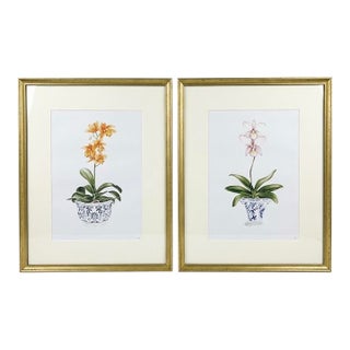 Pair of Vintage Framed Chinoiserie Orchid Botanical Prints – Orange & Pink Floral Art For Sale