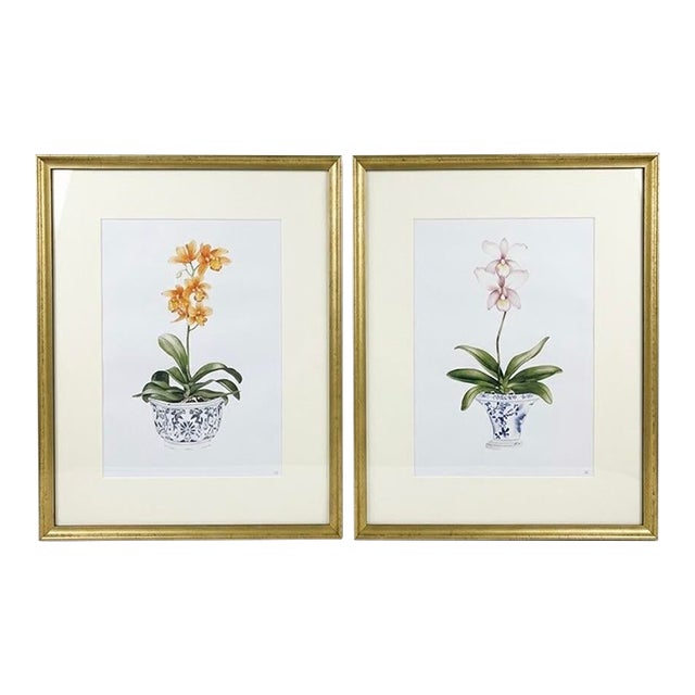 Pair of Vintage Framed Chinoiserie Orchid Botanical Prints – Orange & Pink Floral Art For Sale