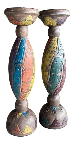 Late 20th-Century Cool & Funky Albesia Wood Hand Carved Candleholders, Indonesia