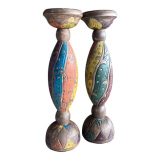 Late 20th-Century Funky Cool Albesia Wood Hand Carved Candleholders, Indonesia For Sale