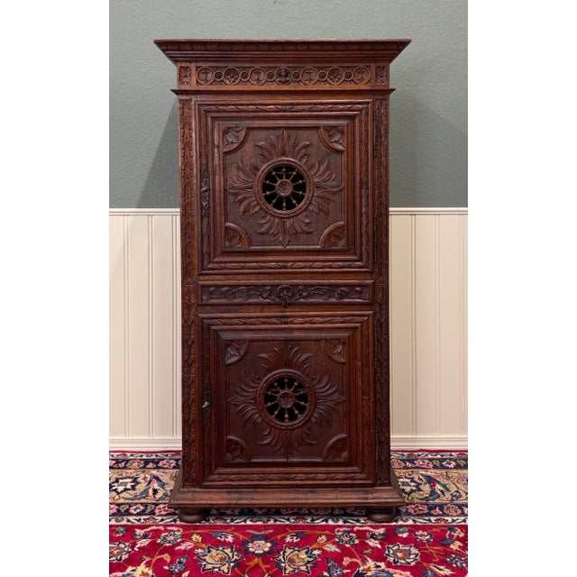 1900 - 1909 Antique French Breton Armoire Wardrobe Linen Cabinet Double Doors Drawer C. 1900 For Sale - Image 5 of 18