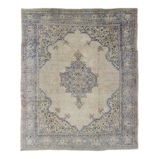 Early 20th Century Antique Turkish Oushak With Geometric Motifs in Champagne Field and Accent Blue For Sale
