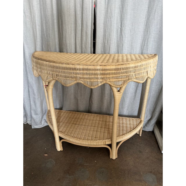 Wood Vintage French Coastal Rattan Demi-Lune Console Table For Sale - Image 7 of 7