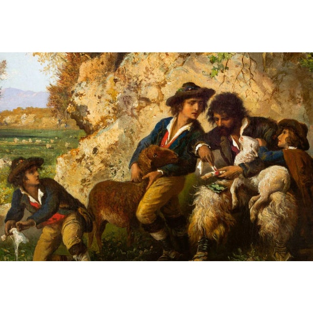 Rare Landscape Painting of Shepherds and Injured Lamb by Hermann Corrodi For Sale - Image 9 of 12