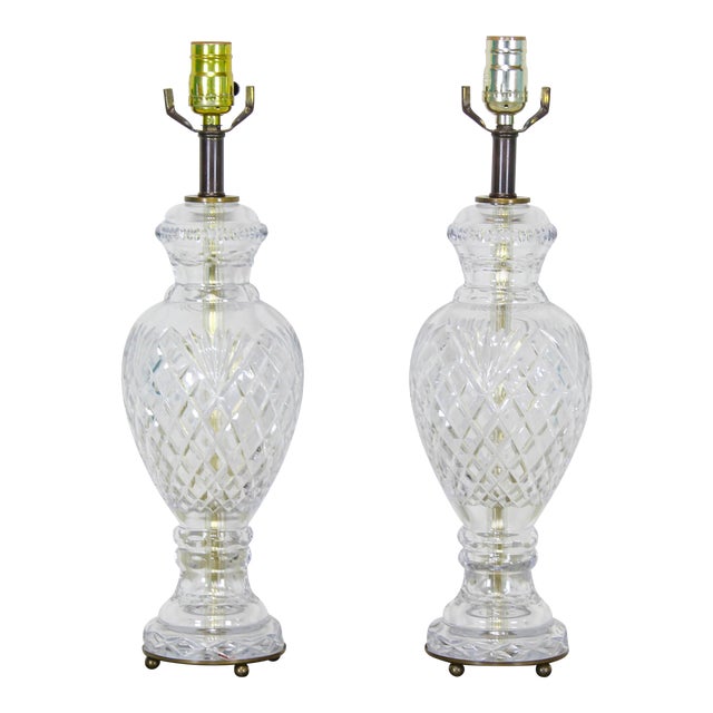 Mid Century Cut Crystal Glass Table Lamps on Marble Bases a Pair