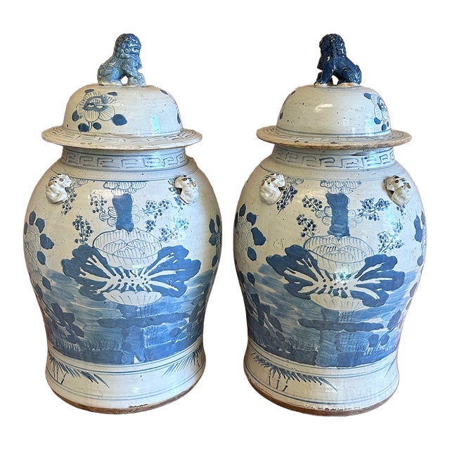 Contemporary Chinoiserie Botanical Temple Jars - a Pair For Sale