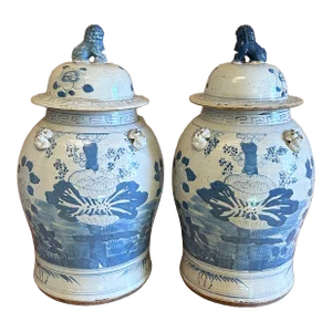 Contemporary Chinoiserie Botanical Temple Jars - a Pair