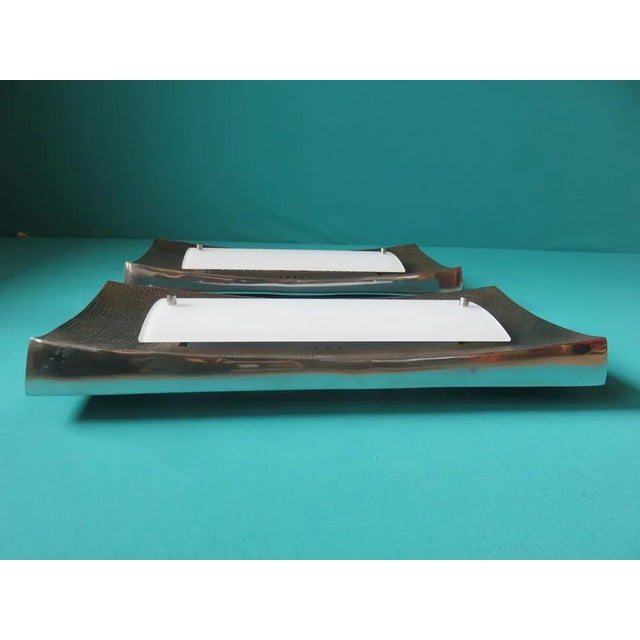 1980s Sconces in Gilded Low Relief Alloy and Opaline Glass. Germany 1980 from Fischer Leuchten, Set of 2 For Sale - Image 5 of 11