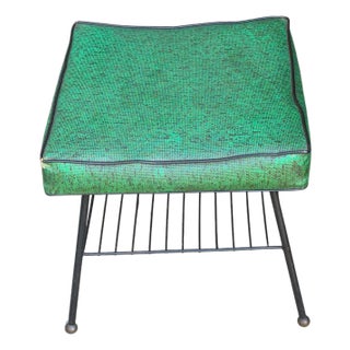 Retro 1950s Mid-Century Footstool W/Magazine Rack Green Vinyl Top Metal Base For Sale