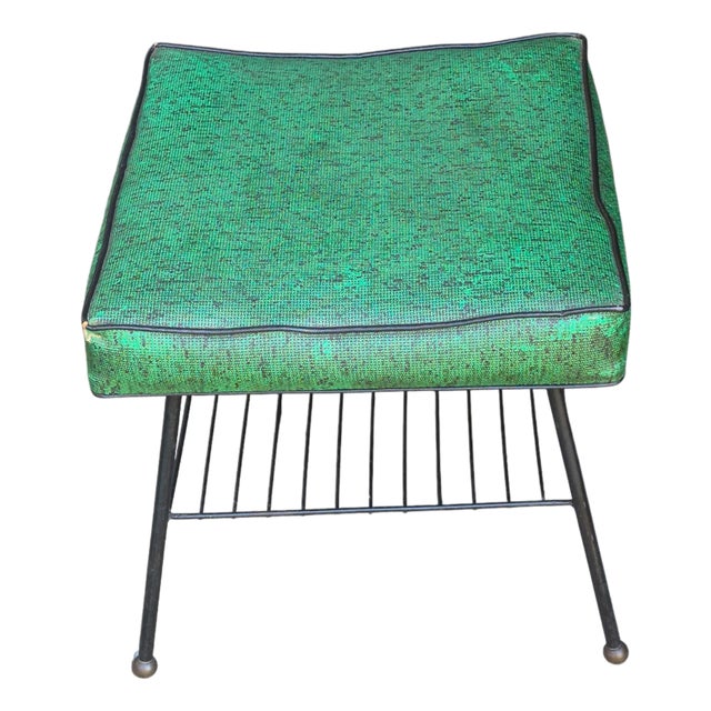 Retro 1950s Mid-Century Footstool W/Magazine Rack Green Vinyl Top Metal Base For Sale