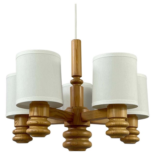 Scandinavian Pine & Fabric 5-Light Chandelier, Sweden, 1970s For Sale - Image 17 of 17