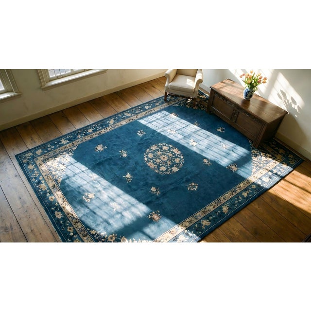 Navy Blue Excellent Navy Blue and Tan Beige With Deliciated Florid Antique Chinese Peking Rug For Sale - Image 8 of 9
