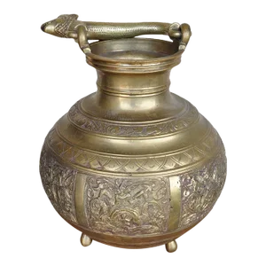 Antique Indian or Sri Lankan Brass Ceremonial Temple Water Vessel With Relief Art and Leopard Form Handle