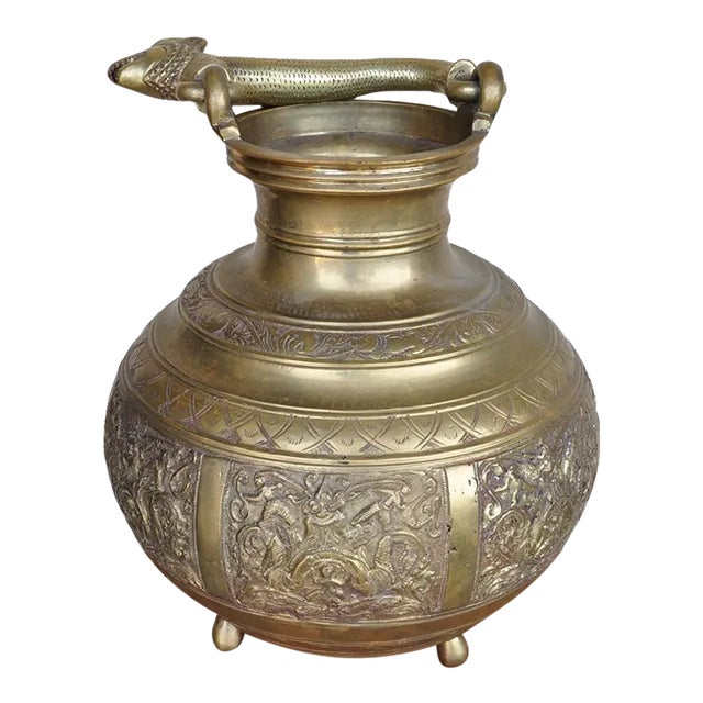 Antique Sri Lankan Brass Ceremonial Temple Water Vessel With Relief Art and Leopard Form Handle For Sale